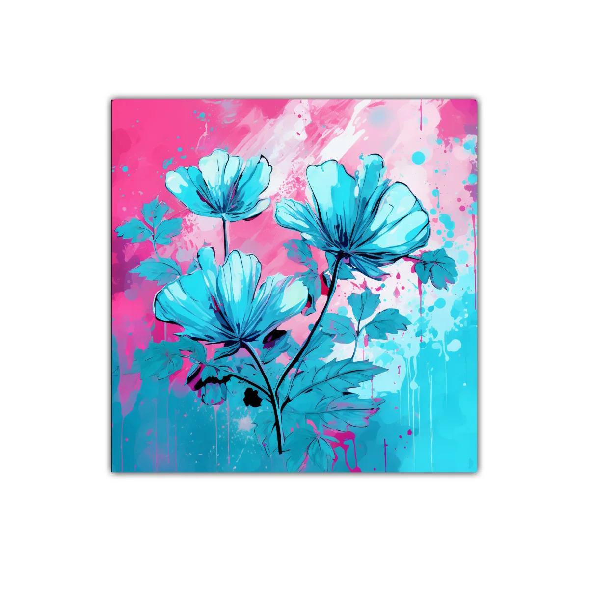 Flores azules vibrantes sobre fondo rosa y aqua — imagen principal