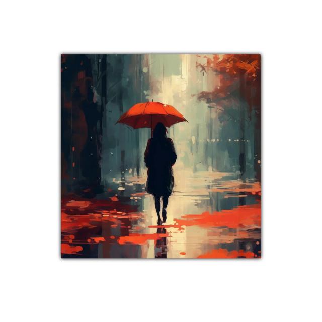 Silueta en la lluvia con paraguas rojo vibrante