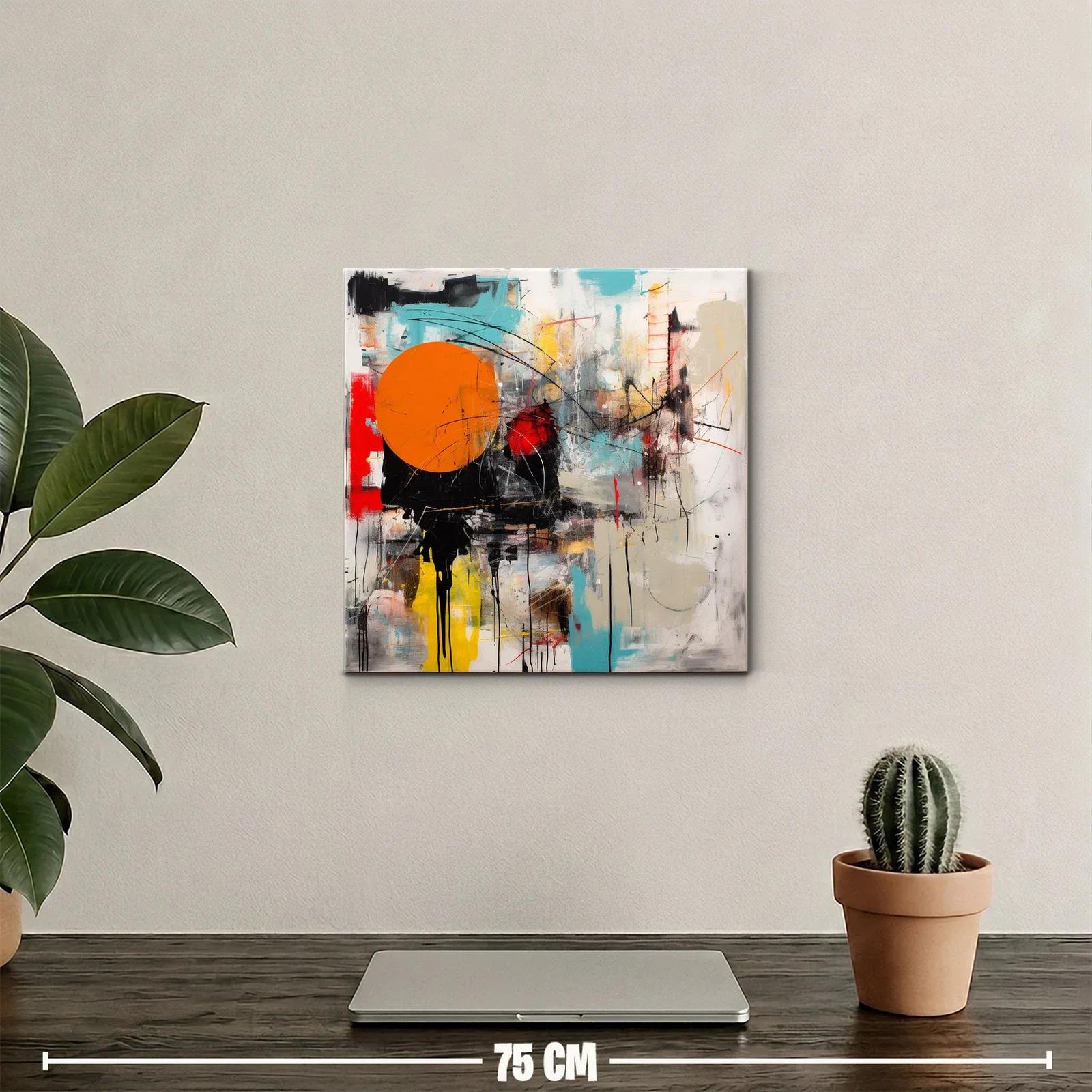 Cuadro abstracto con círculo naranja y trazos dinámicos — miniatura 2