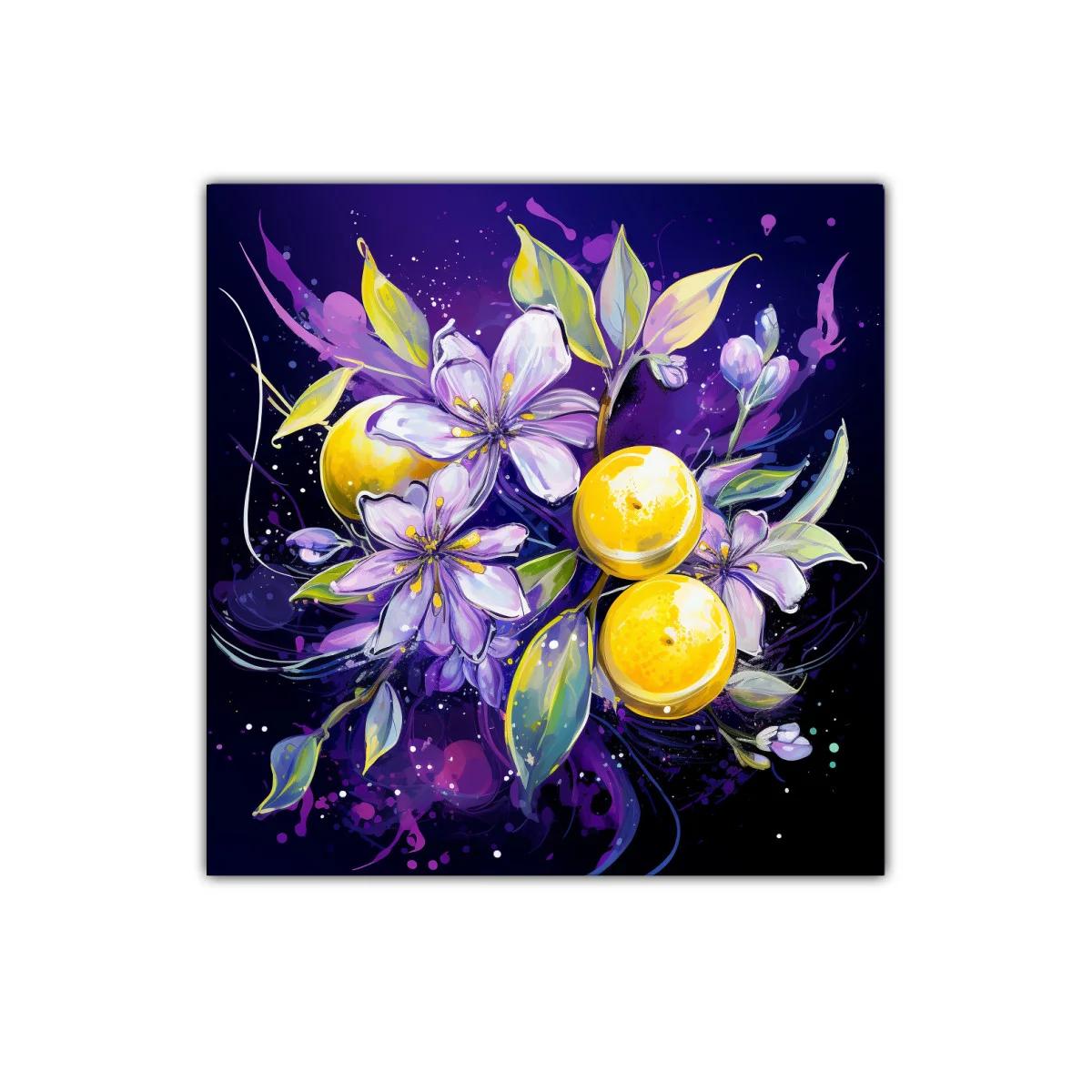 Composición vibrante con flores lilas y frutas amarillas — imagen principal