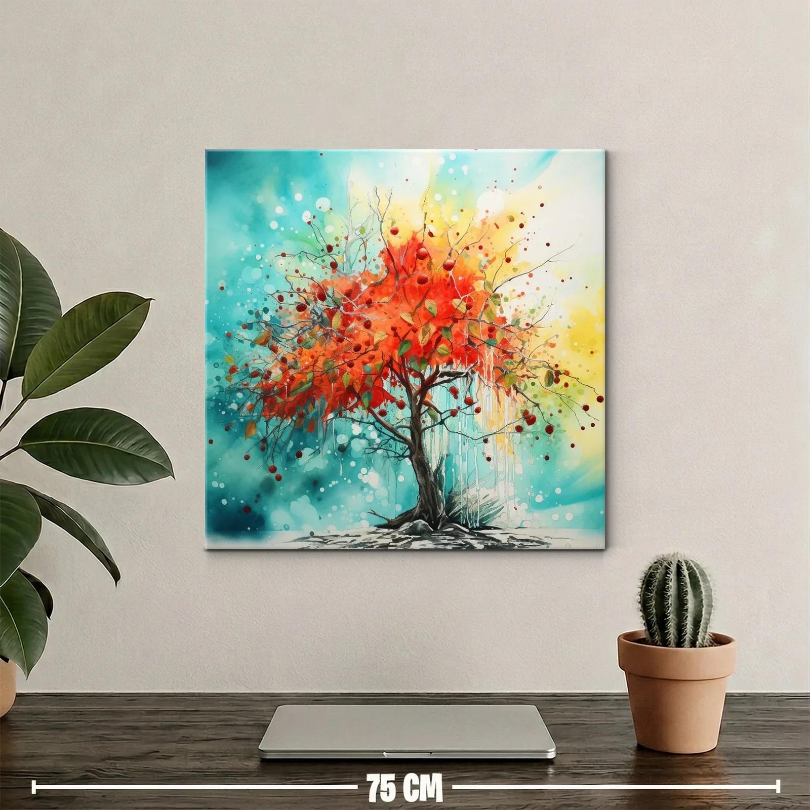 Árbol vibrante con hojas rojas en fondo azul y amarillo — miniatura 2