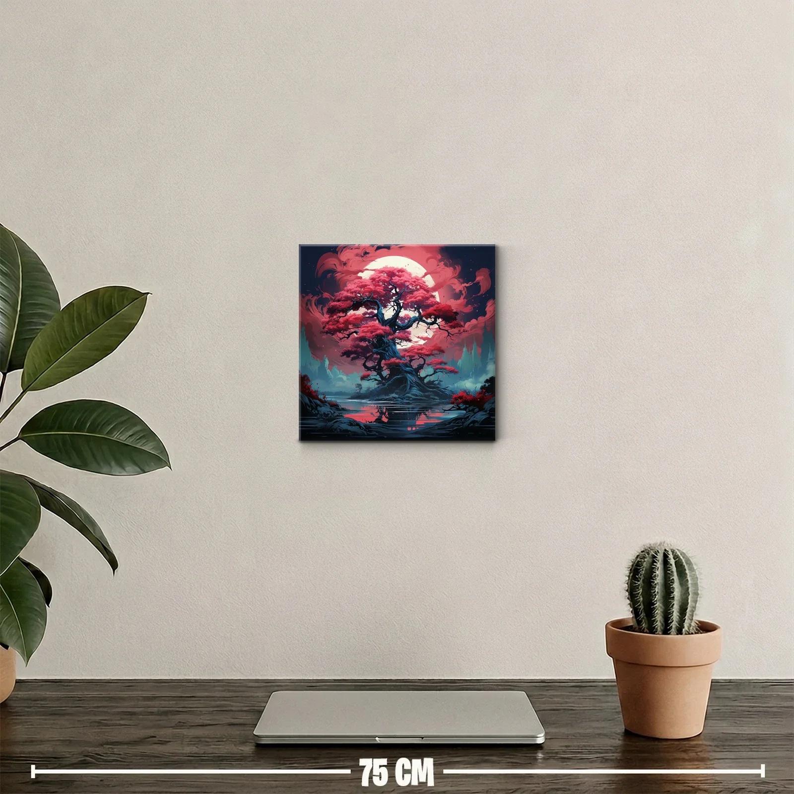 Árbol mágico con hojas rojas bajo luna llena brillante — miniatura 2
