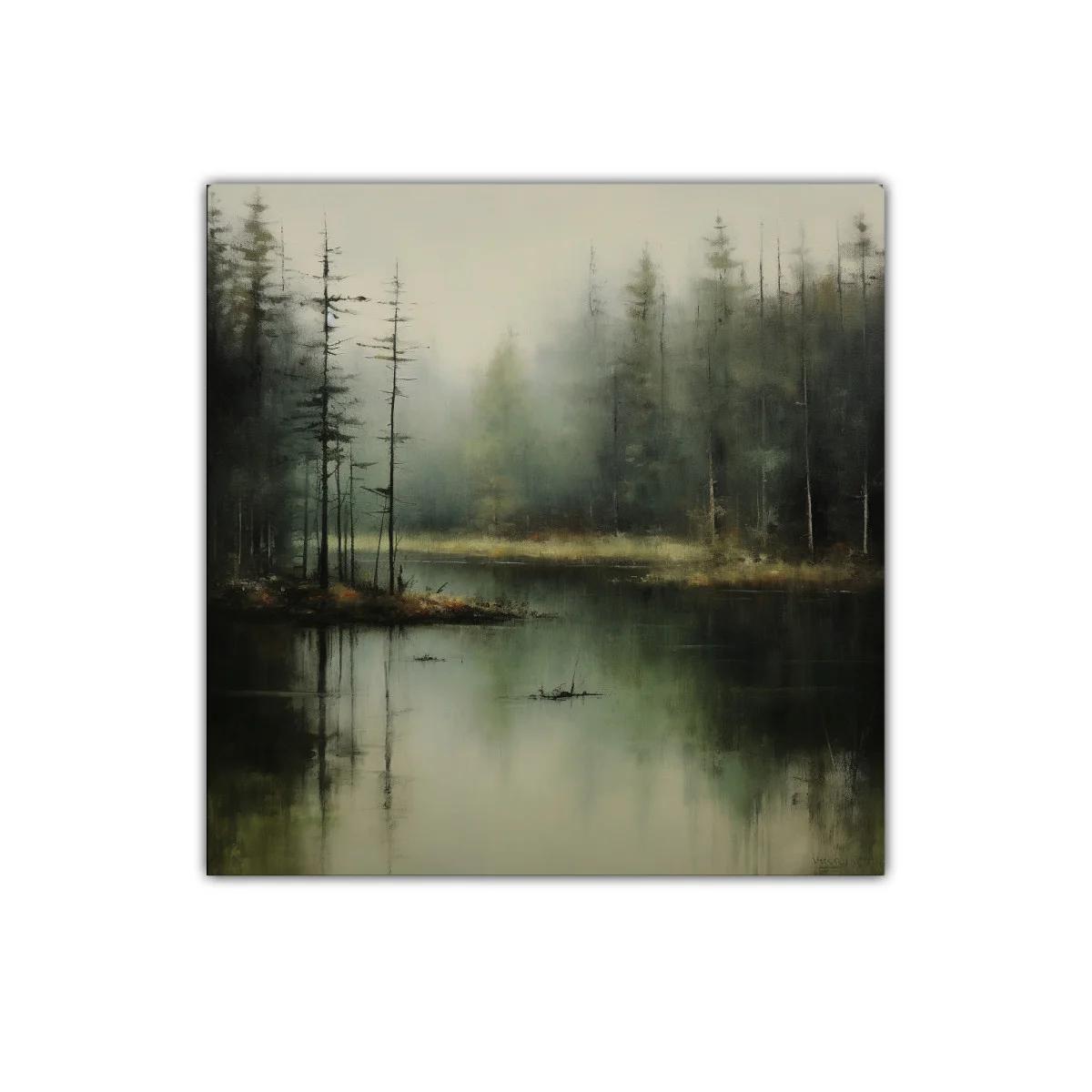 Paisaje brumoso de bosque junto al lago en tonos suaves — imagen principal