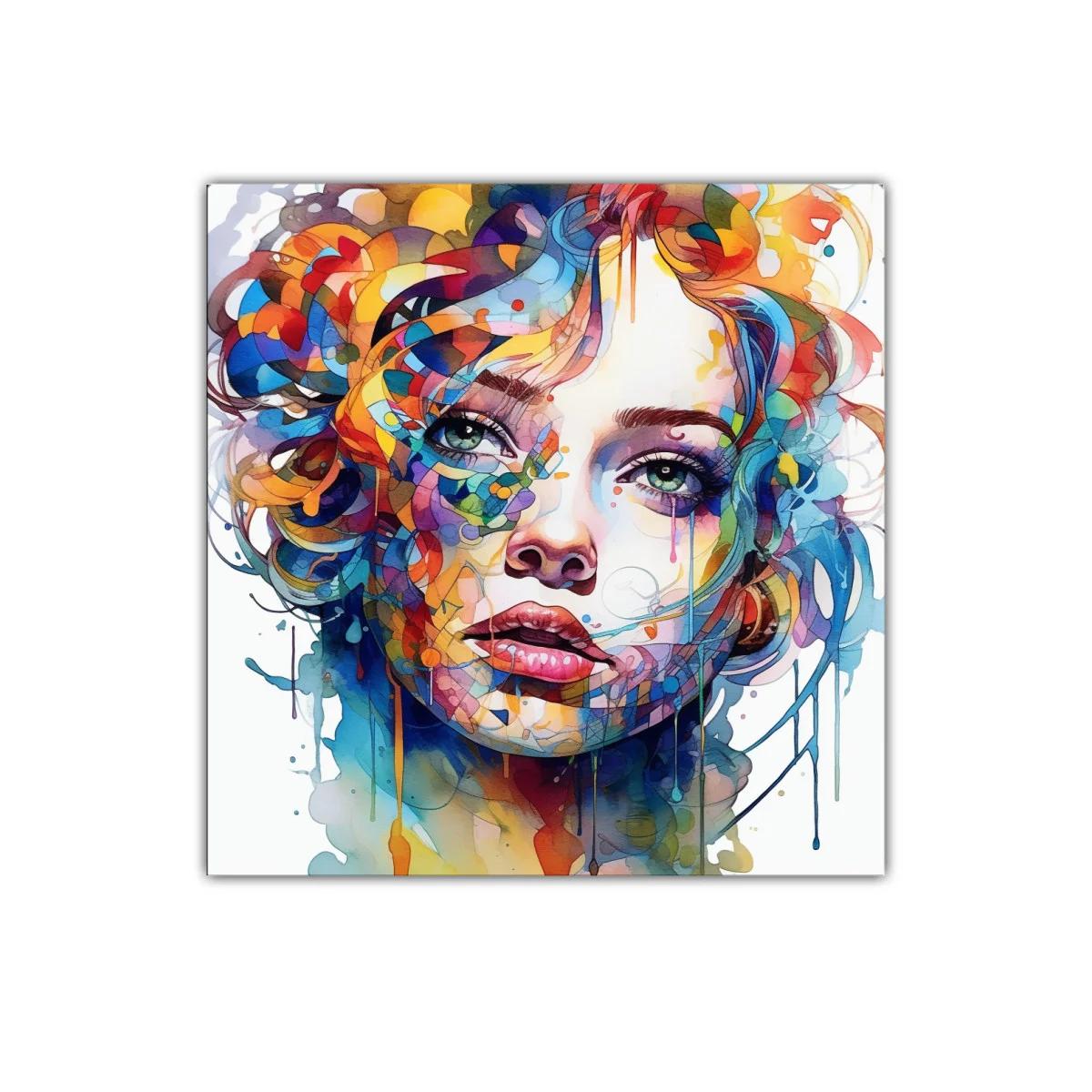 Rostro femenino vibrante con colores intensos y detalles abstractos