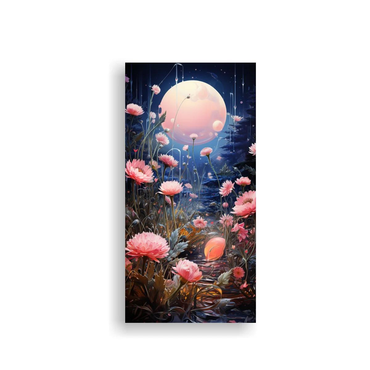 Cuadro luna llena en jardín de flores rosadas