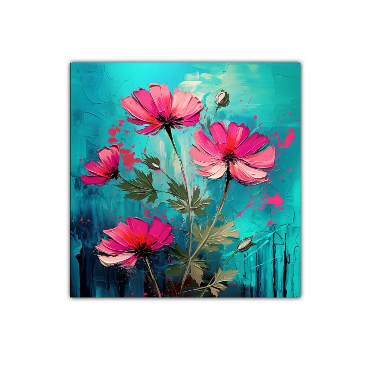 Cuadro decorativo con flores rosas sobre fondo turquesa vibrante — imagen principal