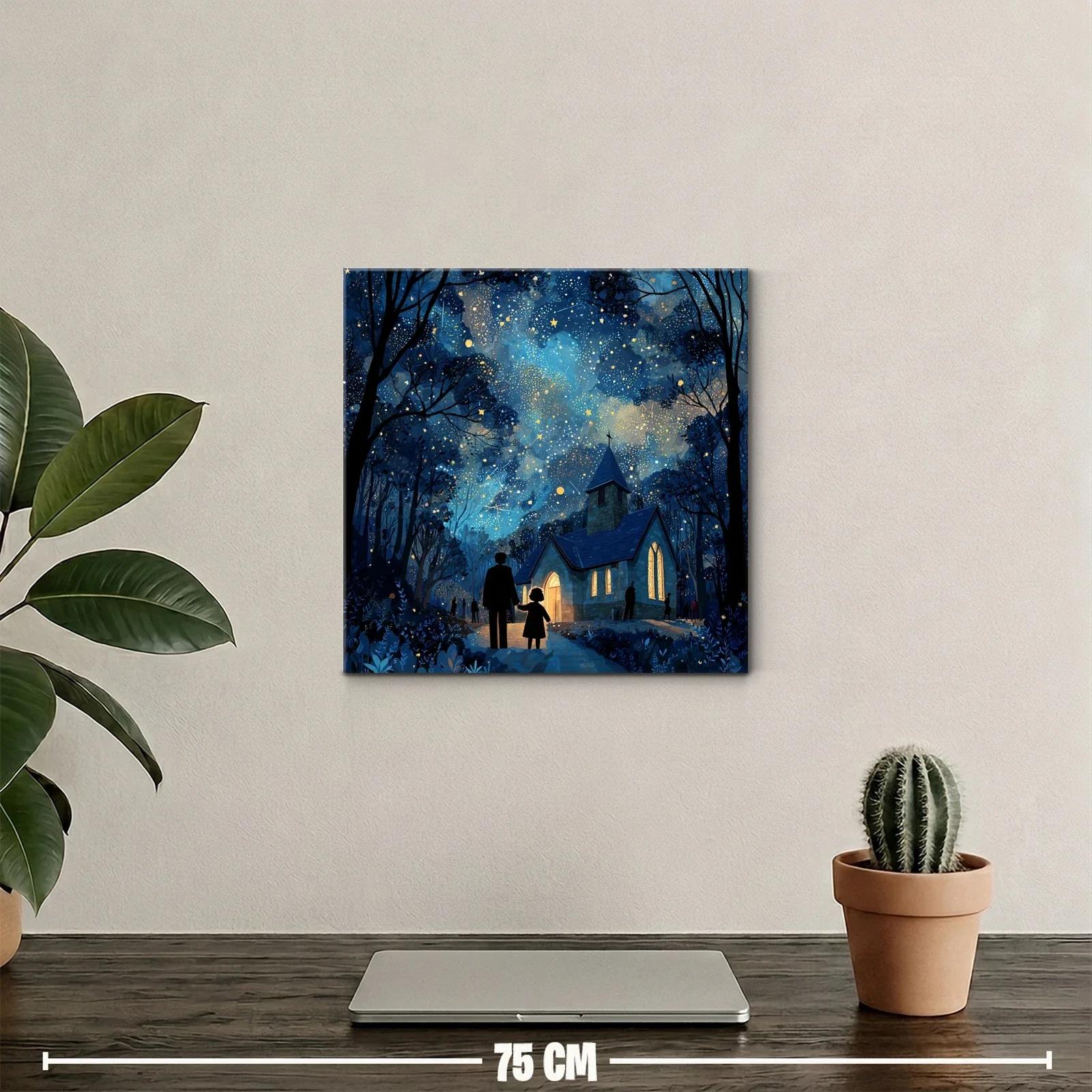 Nocturno encantador con iglesia iluminada bajo cielo estrellado — miniatura 2