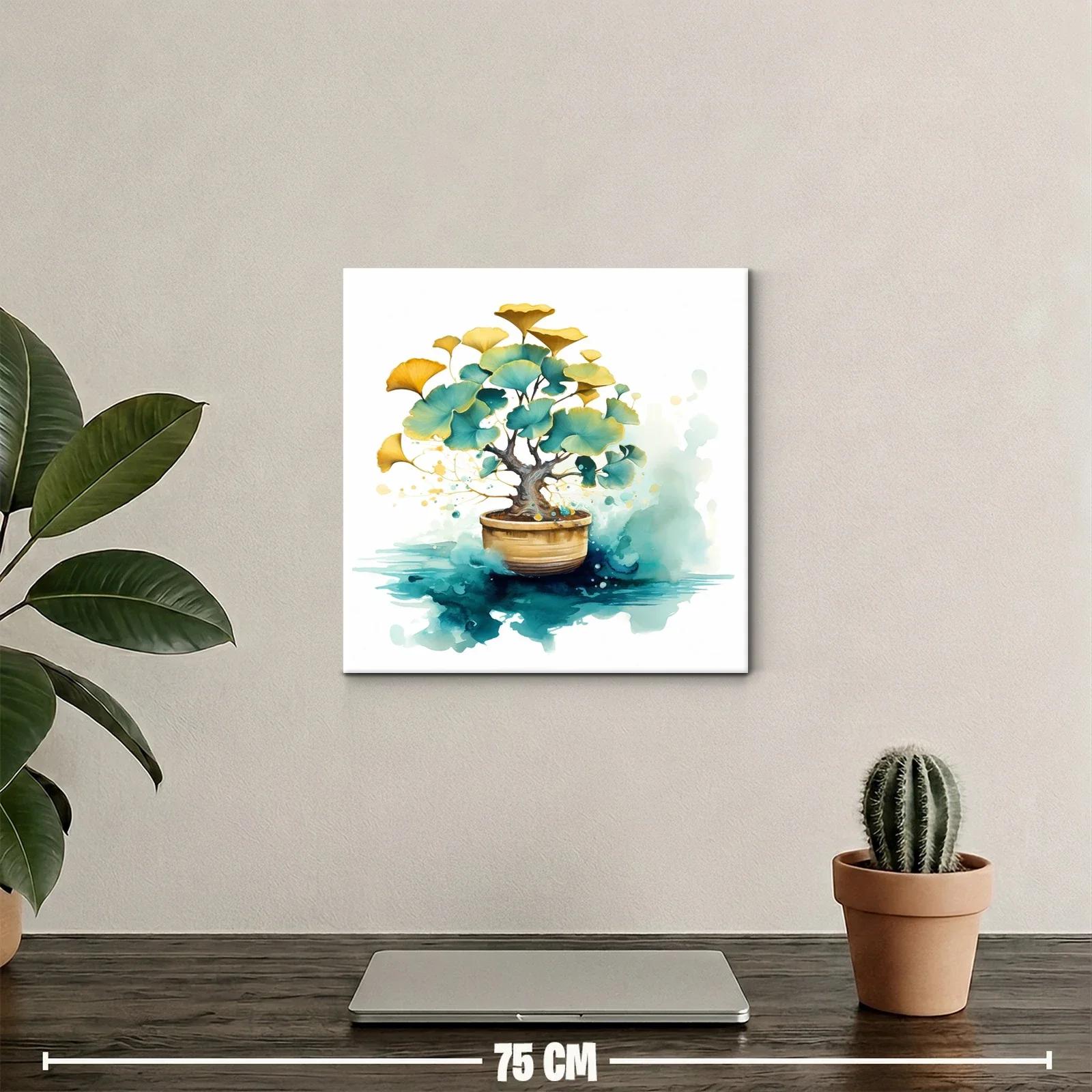 Cuadro artístico de bonsái con hojas doradas y verdes — miniatura 2