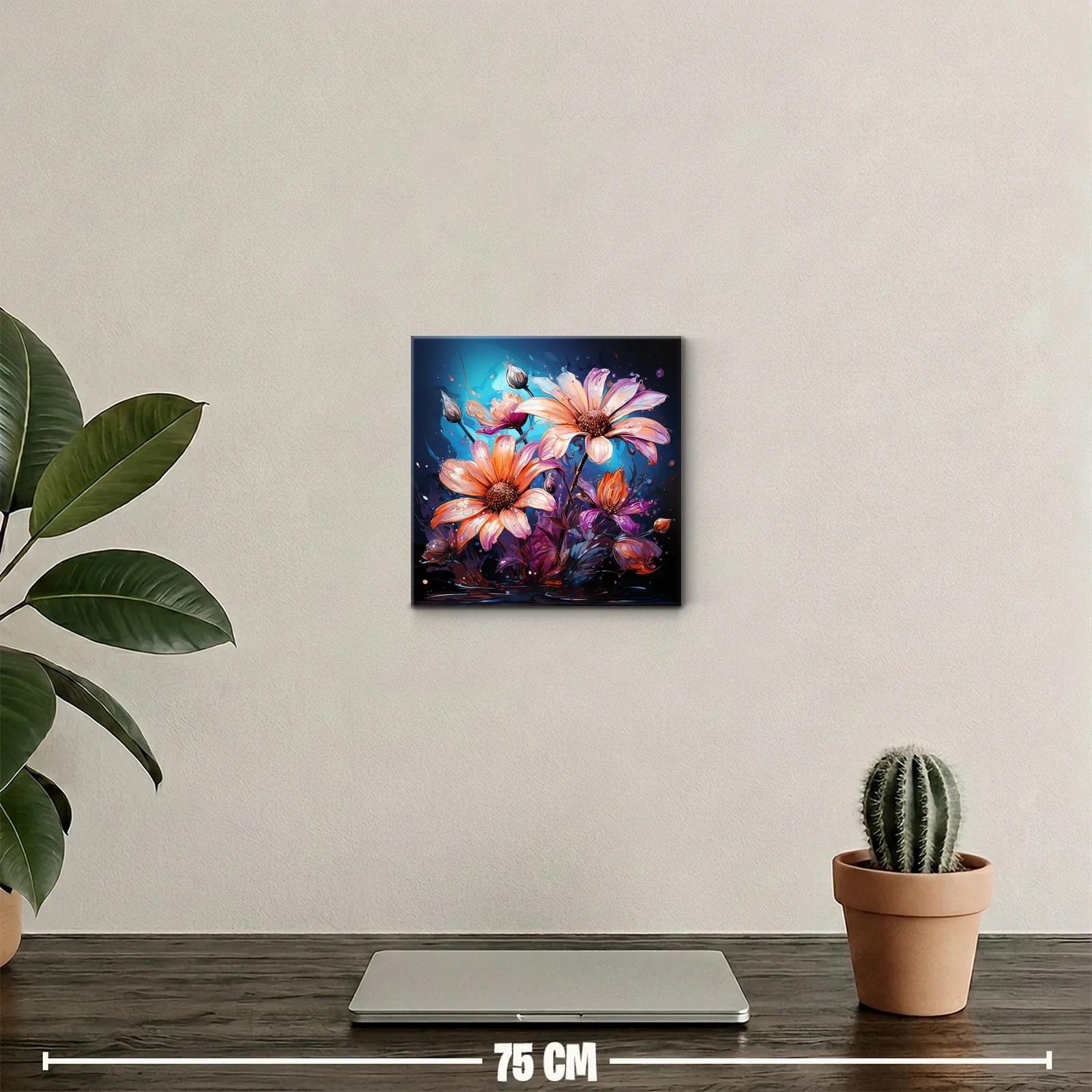 Cuadro con flores vibrantes en tonos cálidos y fondo azul — miniatura 2