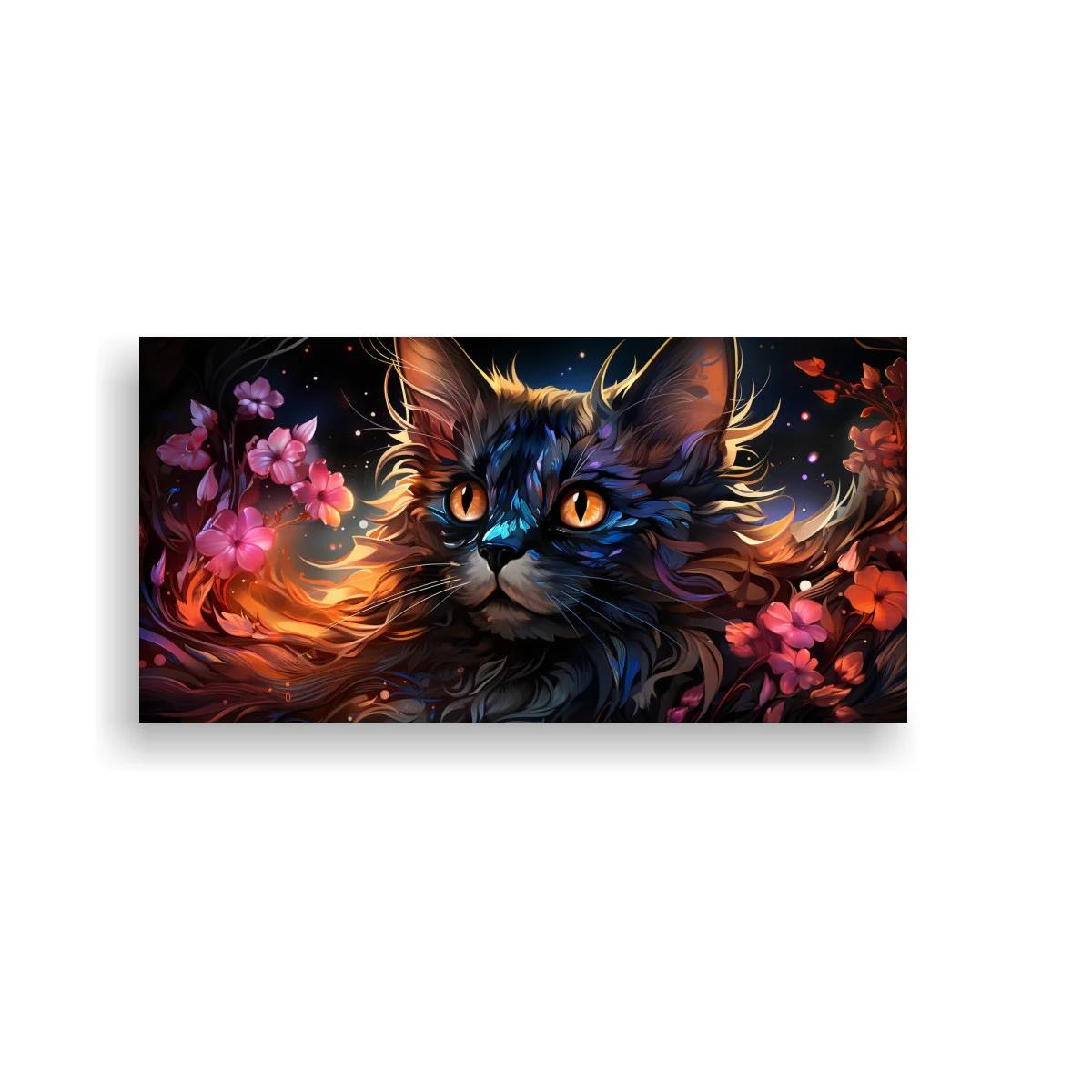 Cuadro gato de pelo largo con flores y destellos luminosos — imagen principal