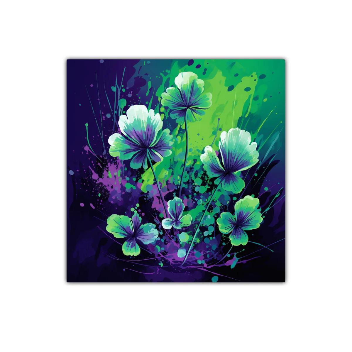 Cuadro decorativo con flores en tonos verdes y morados vibrantes — imagen principal