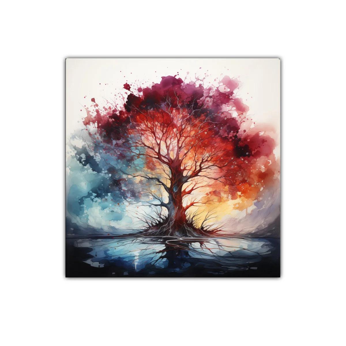 Árbol vibrante con colores intensos y reflejos sobre agua — imagen principal