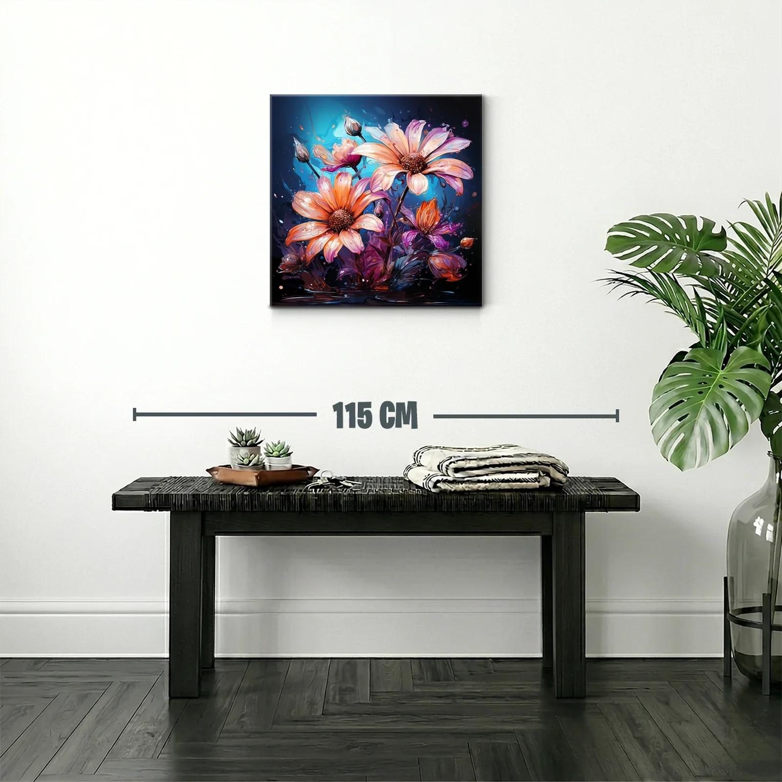 Cuadro con flores vibrantes en tonos cálidos y fondo azul — miniatura 2