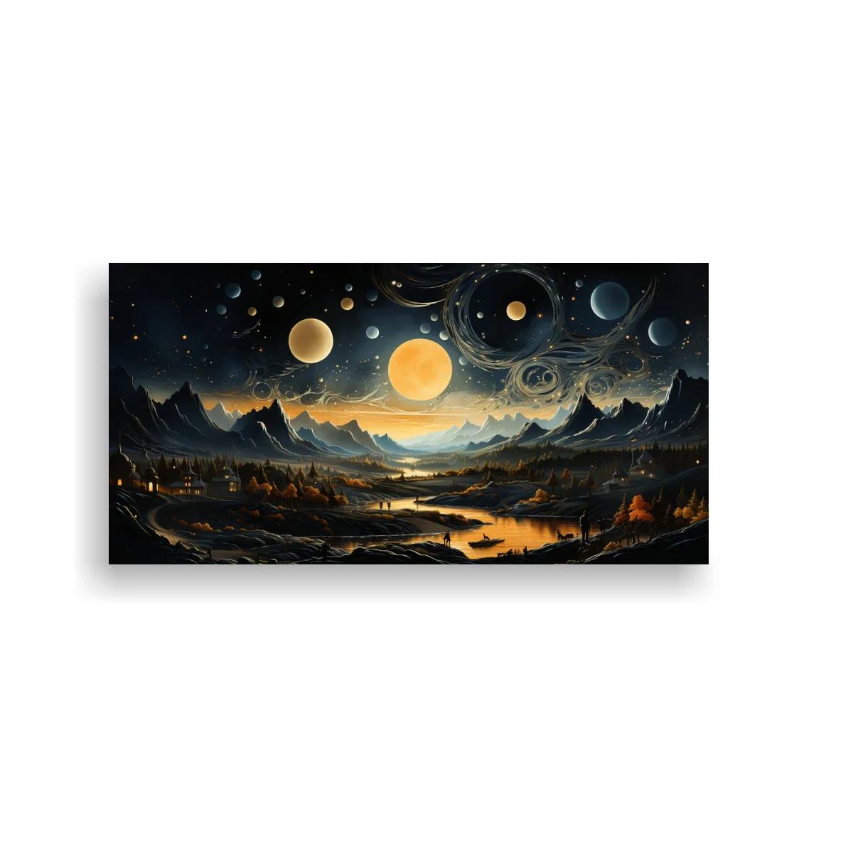 Cuadro paisaje cósmico con planetas y valle iluminado