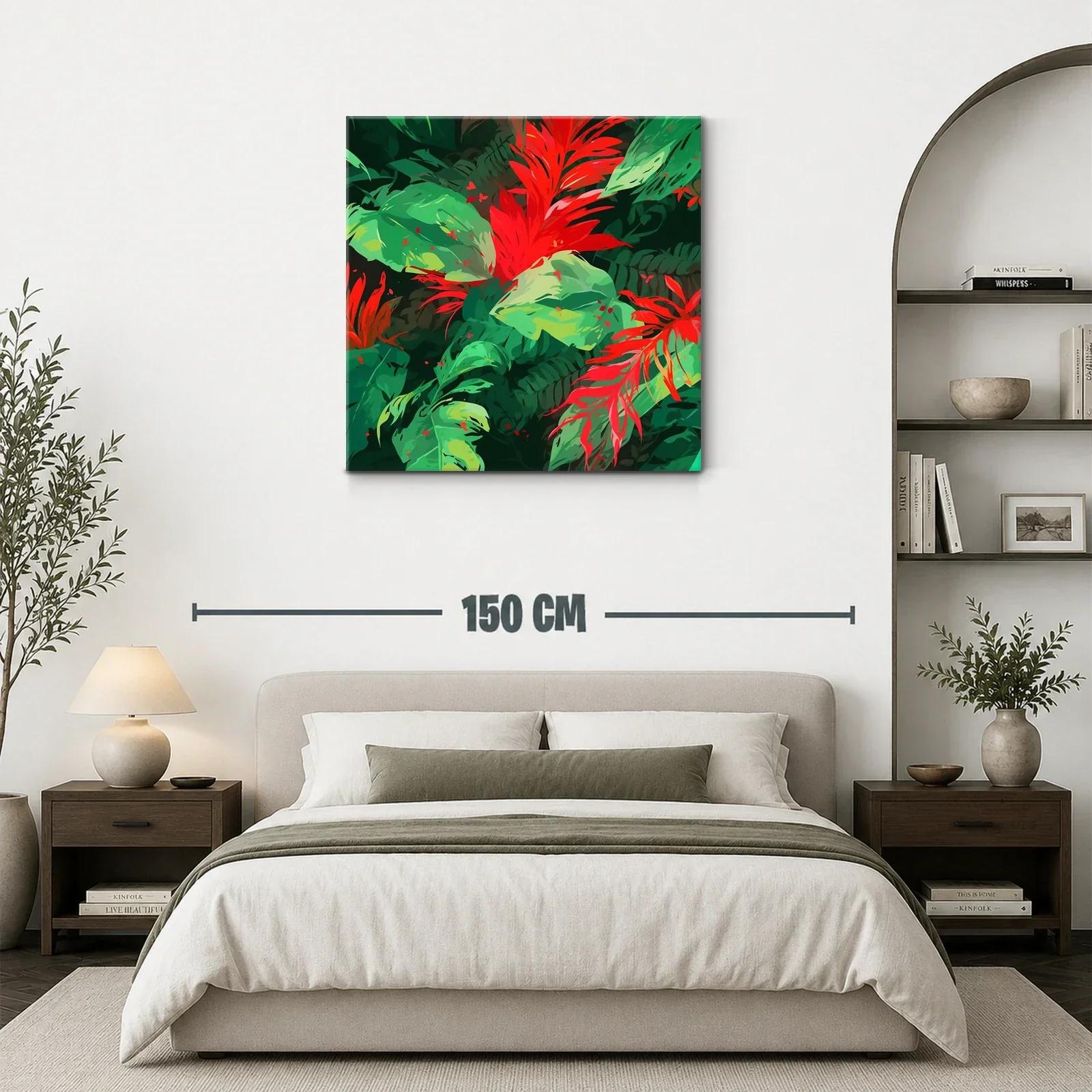 Vibrante cuadro con hojas y flores tropicales rojas y verdes — miniatura 3