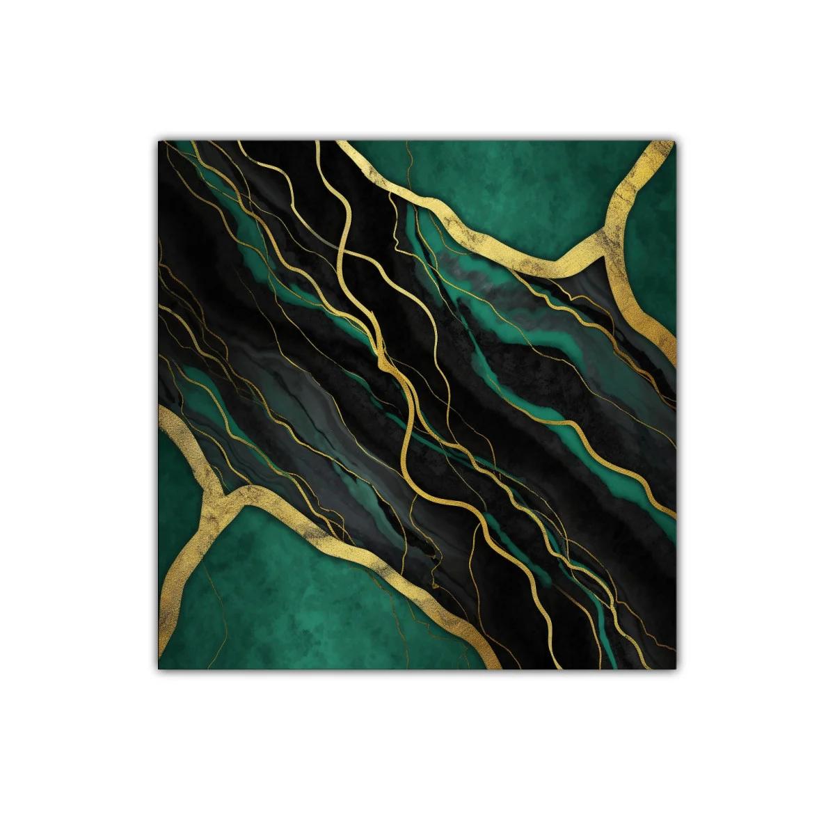Cuadro abstracto en negro y verde con detalles dorados — imagen principal