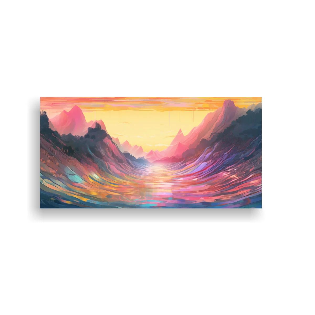 Cuadro paisaje de montañas al atardecer con resplandor central
