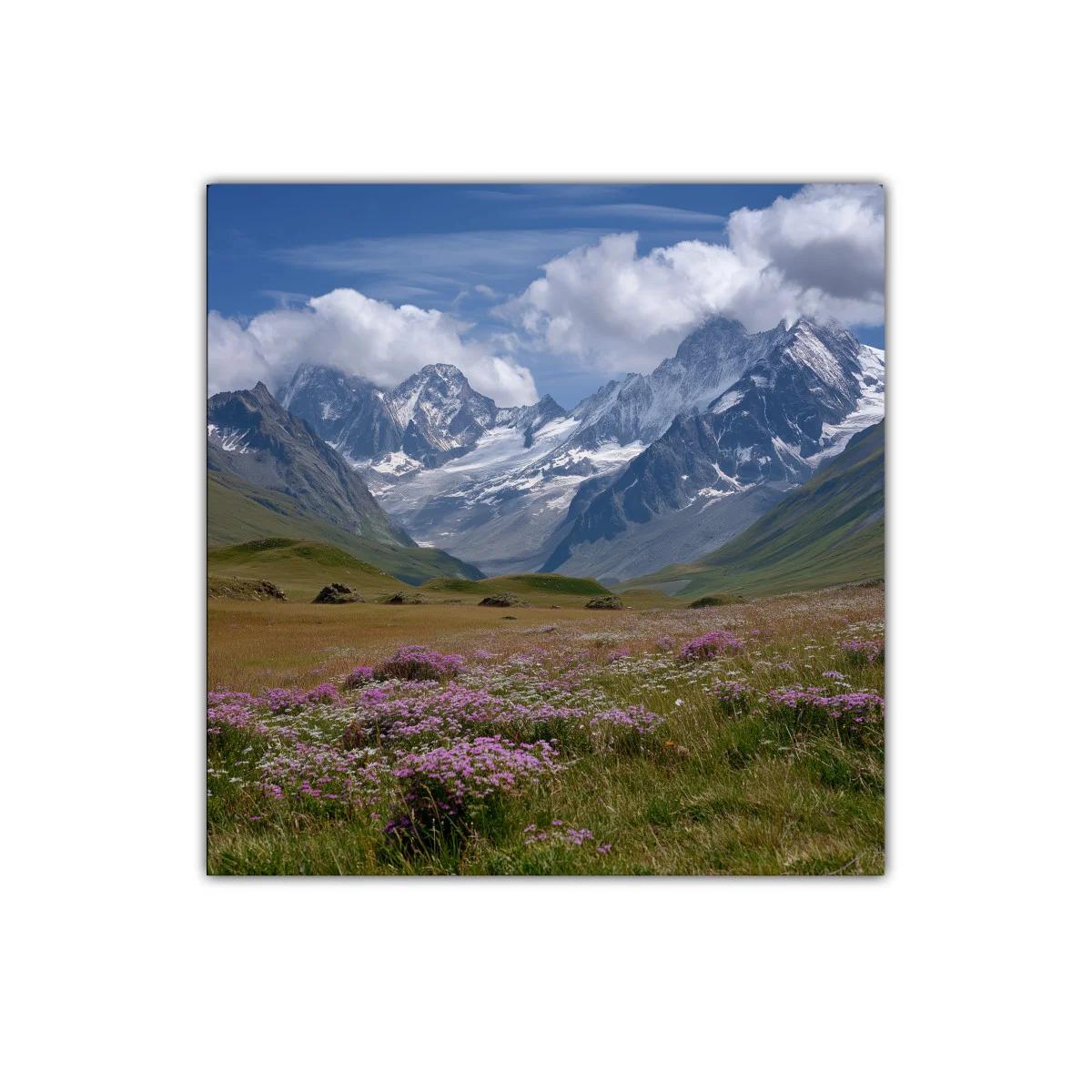 Paisaje alpino con flores silvestres y montañas nevadas