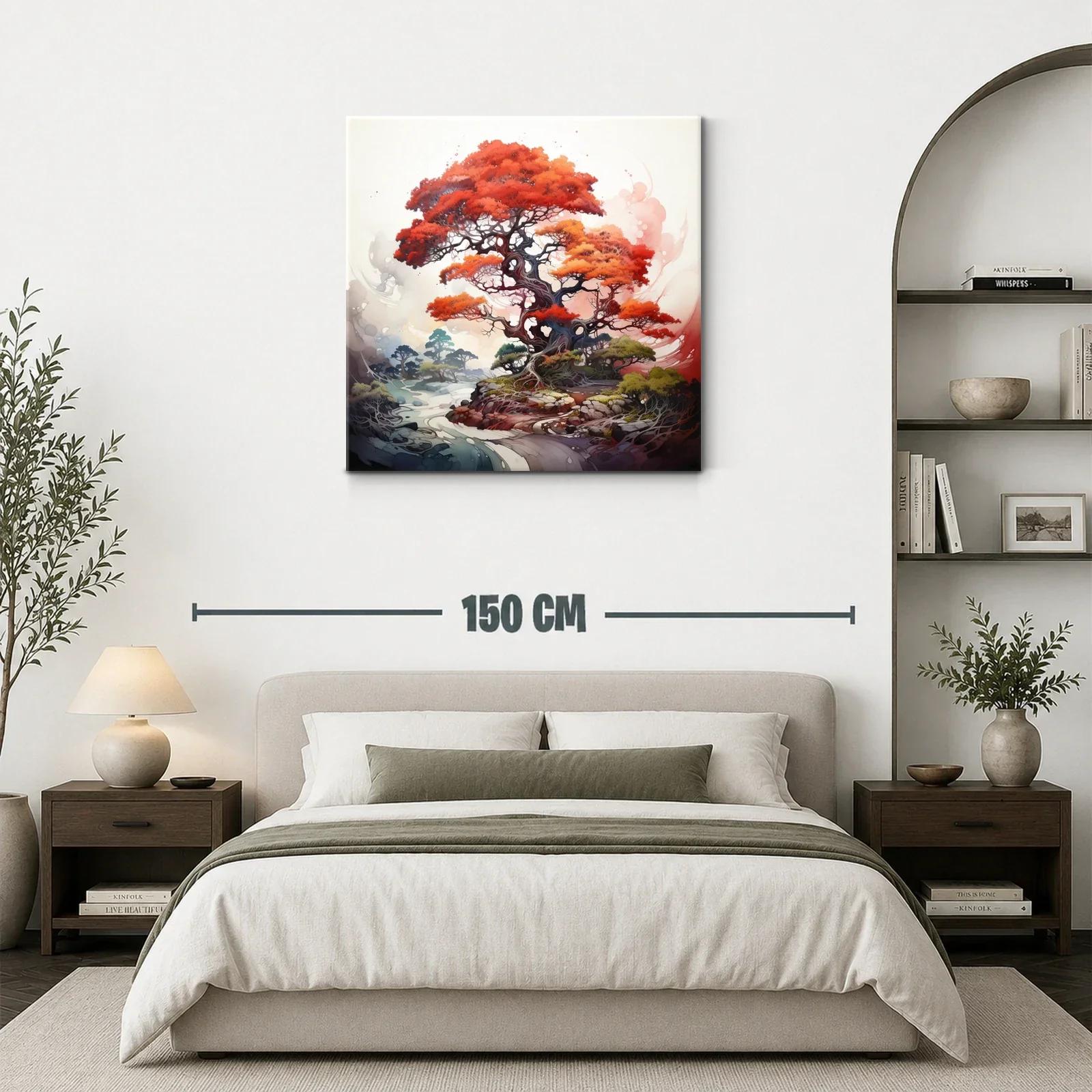 Árbol vibrante con follaje rojo intenso y paisaje onírico — miniatura 3