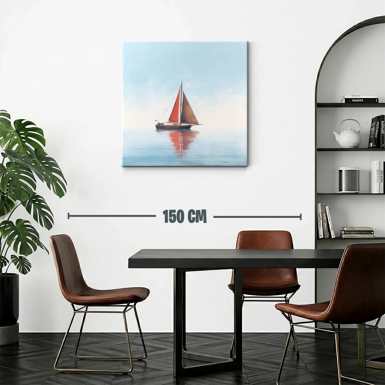 Velero con vela roja en mar tranquilo y cielo claro — miniatura 2