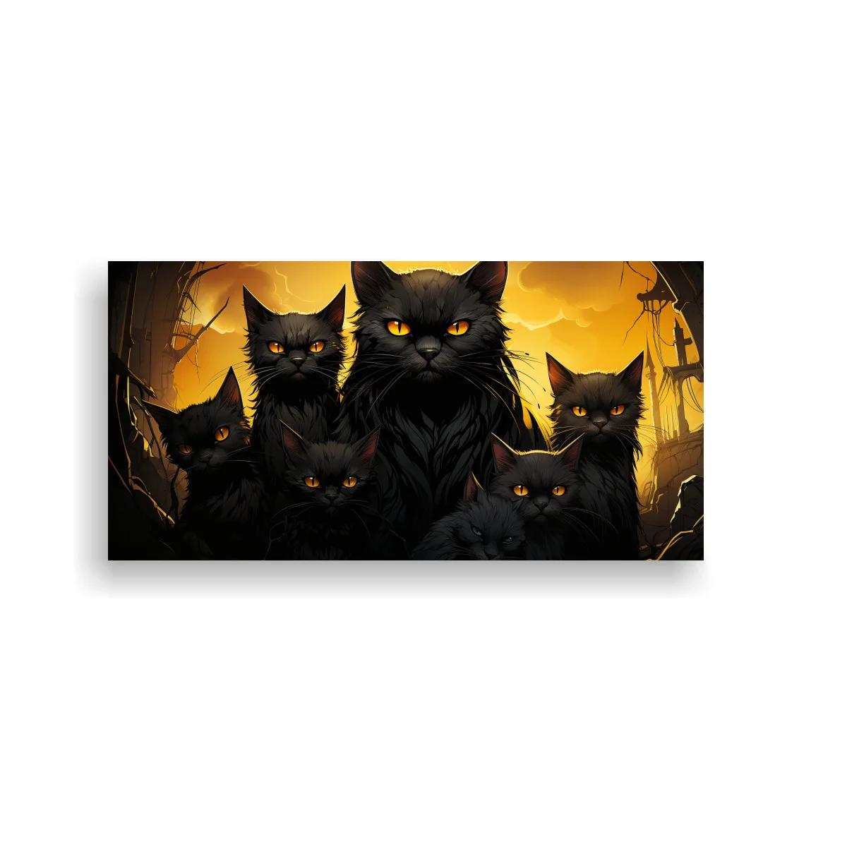 Cuadro grupo de gatos negros con ojos amarillos y fondo dorado — imagen principal