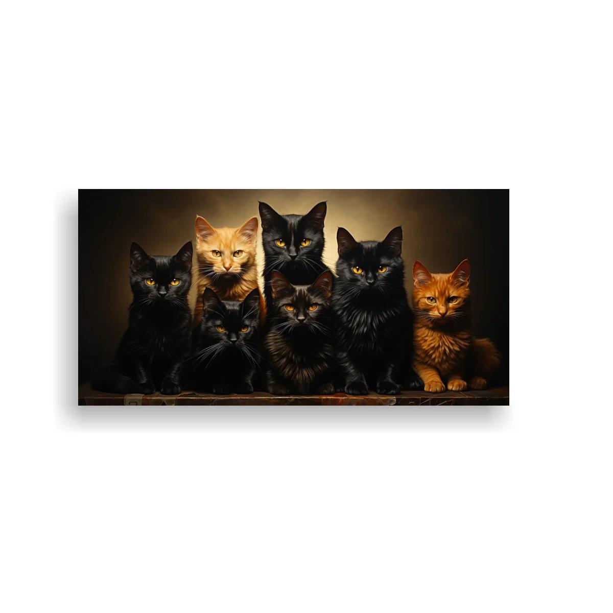 Cuadro grupo de gatos alineados sobre superficie de madera