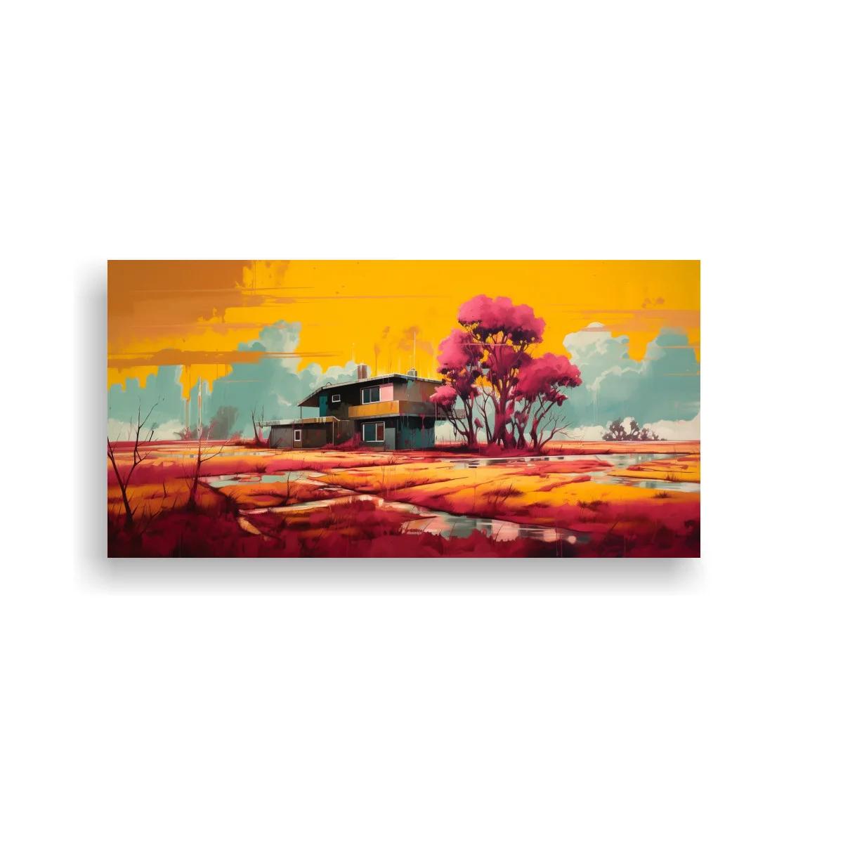 Cuadro casa de campo con árboles rosados y cielo dorado
