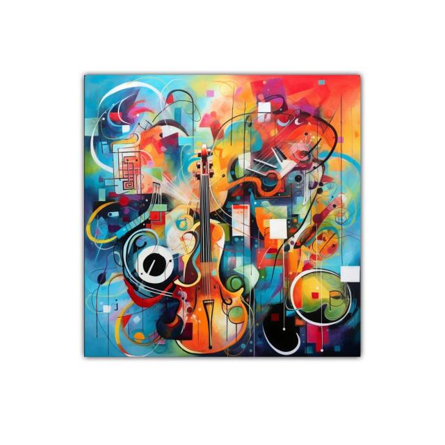 Cuadro abstracto con violines y colores vibrantes