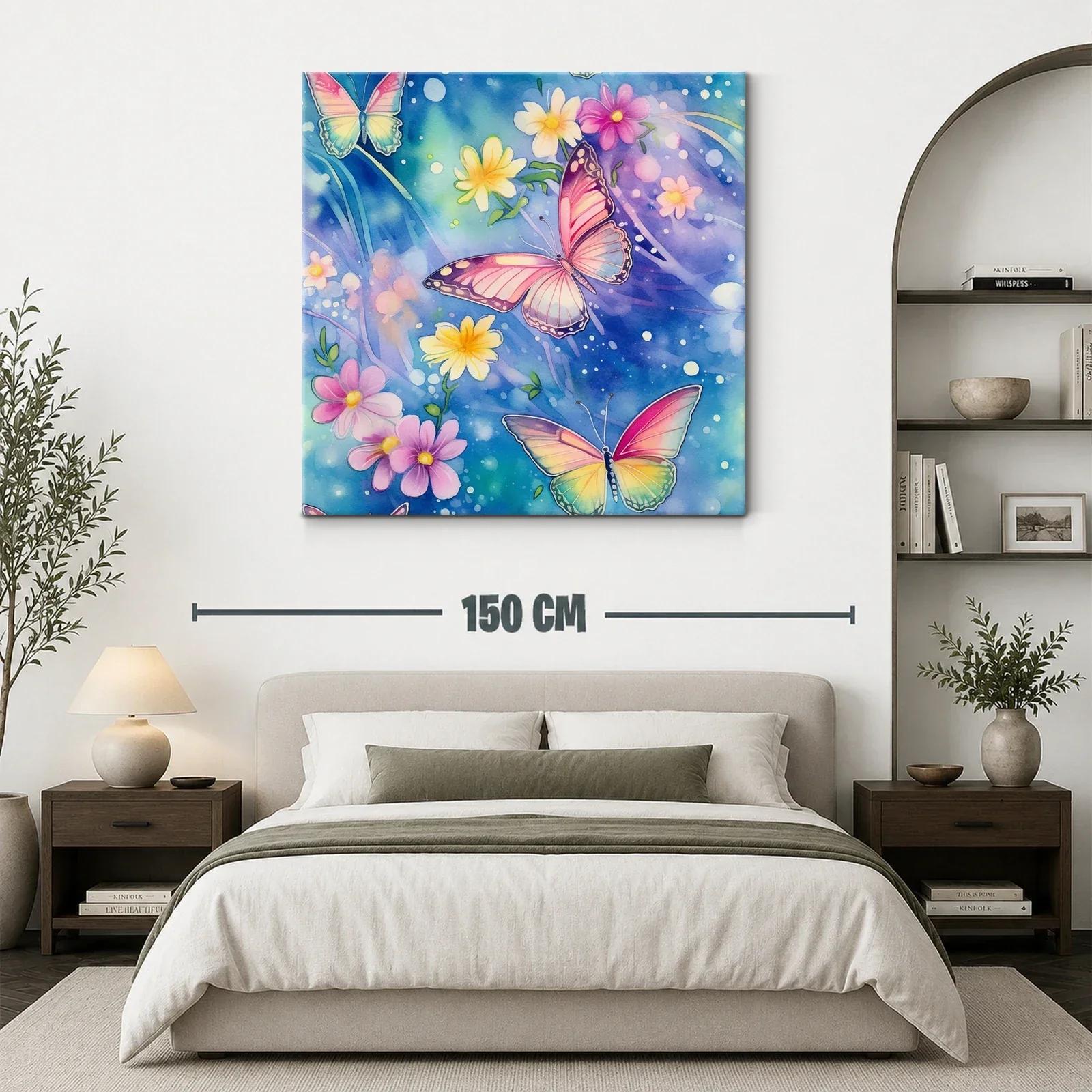 Mariposas y flores en tonos pastel sobre fondo azul — miniatura 3