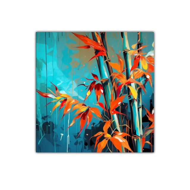 Cuadro decorativo con bambú y hojas en tonos vibrantes