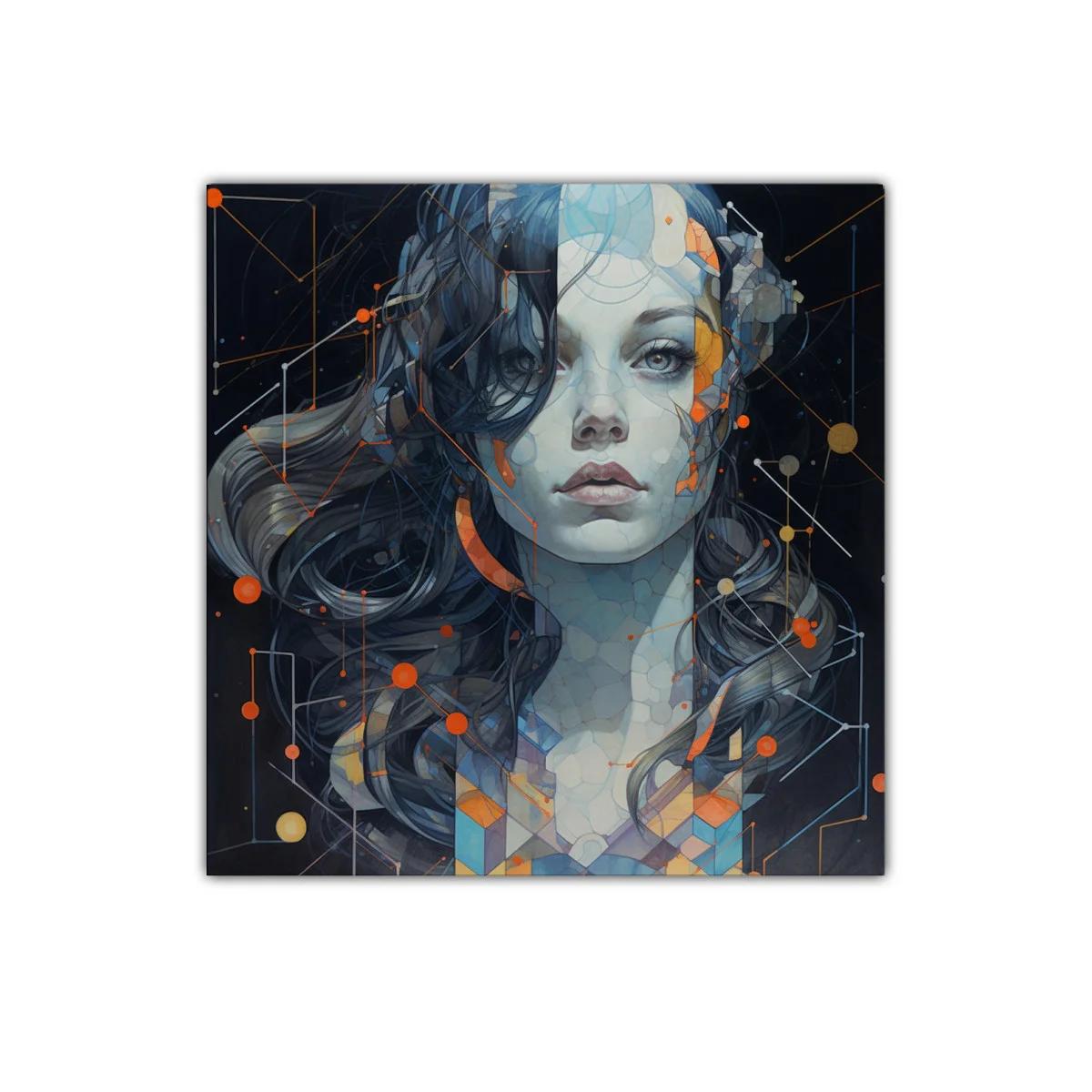 Retrato futurista femenino con detalles geométricos y vibrantes
