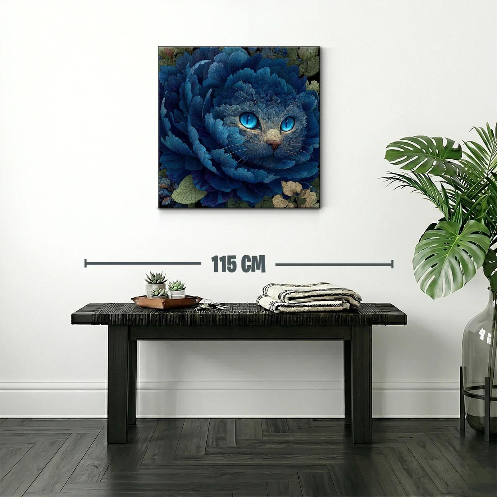 Gato entre pétalos azules con mirada hipnótica y detalle floral — miniatura 2