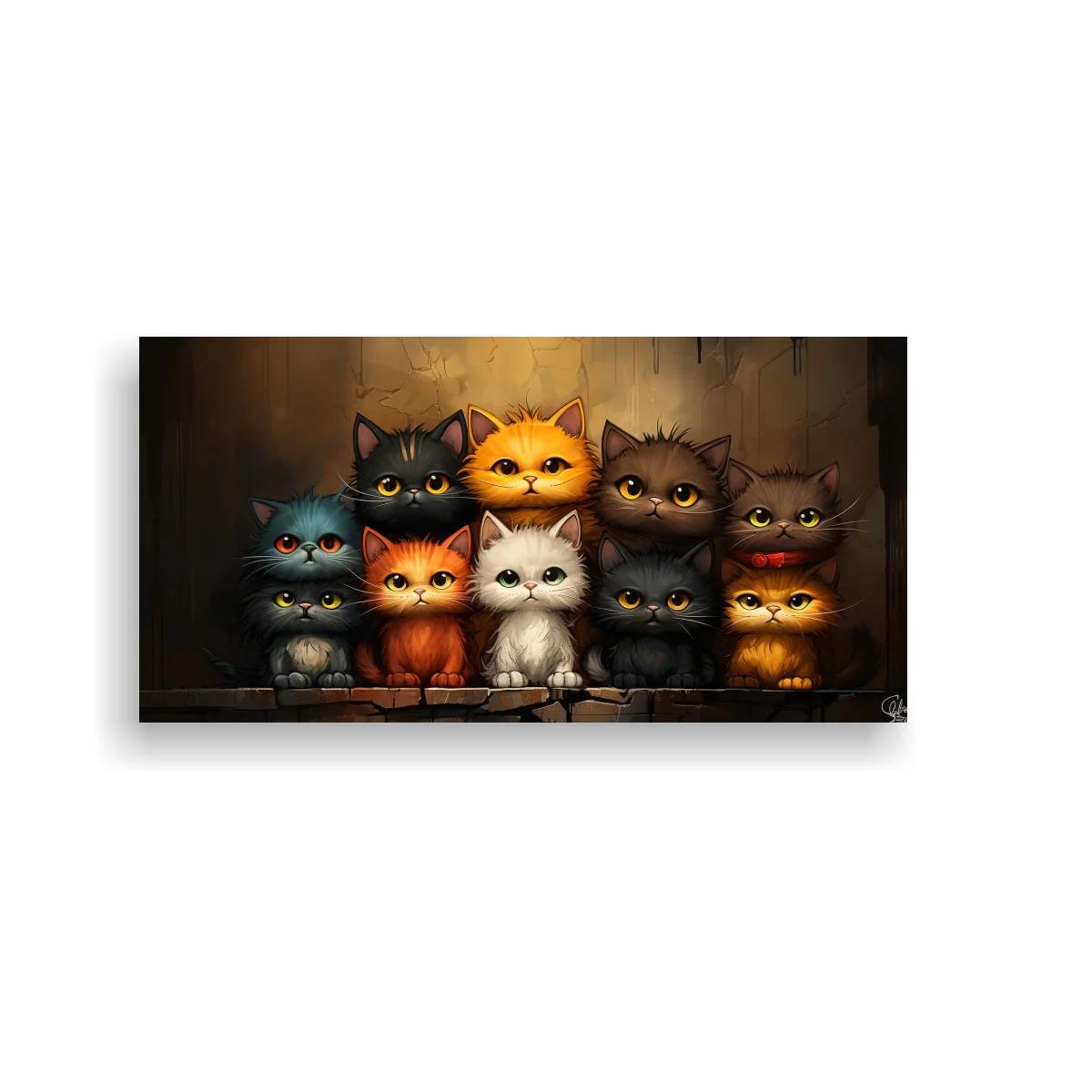 Cuadro de ocho gatos alineados sobre suelo de piedra