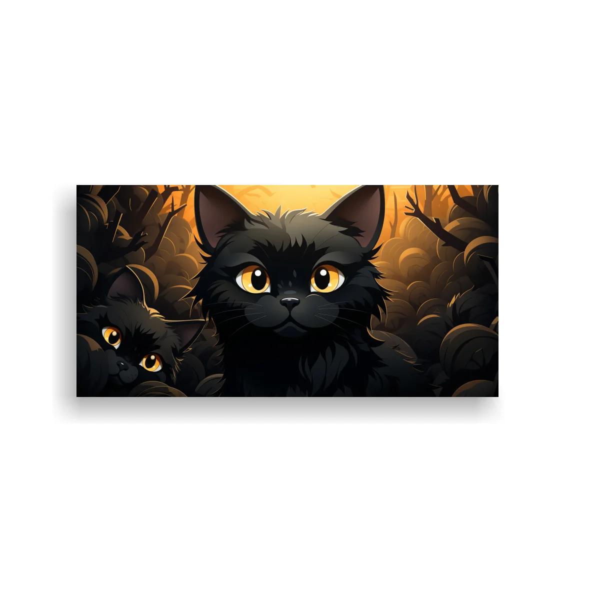 Cuadro gato negro de ojos amarillos entre rocas