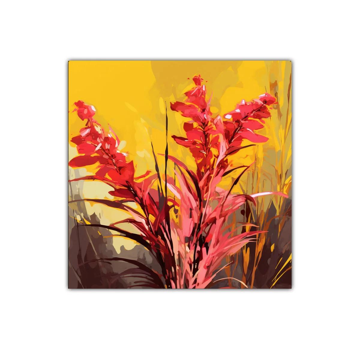 Cuadro decorativo con flores rojas y fondo amarillo vibrante — imagen principal