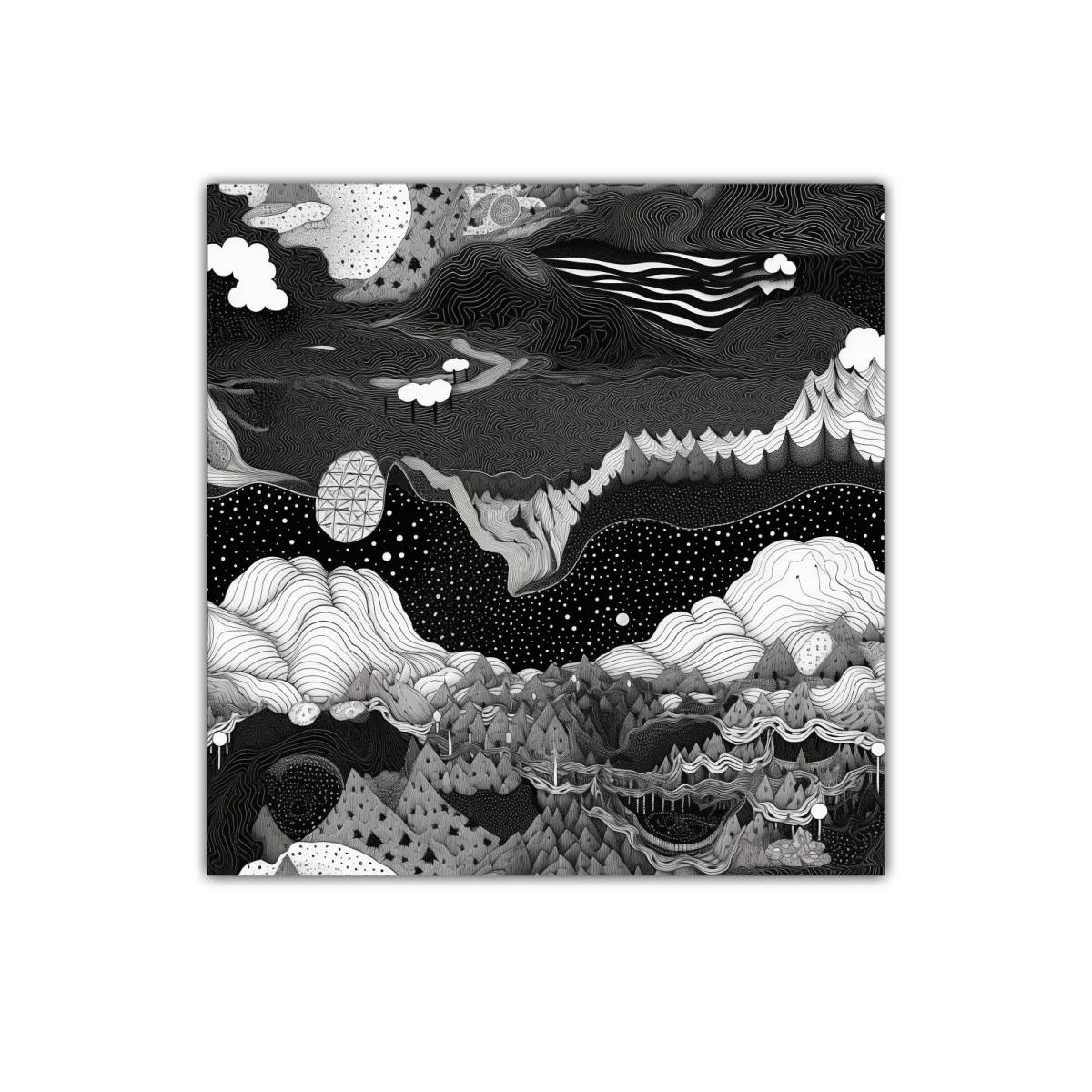 Paisaje onírico en blanco y negro con formas abstractas