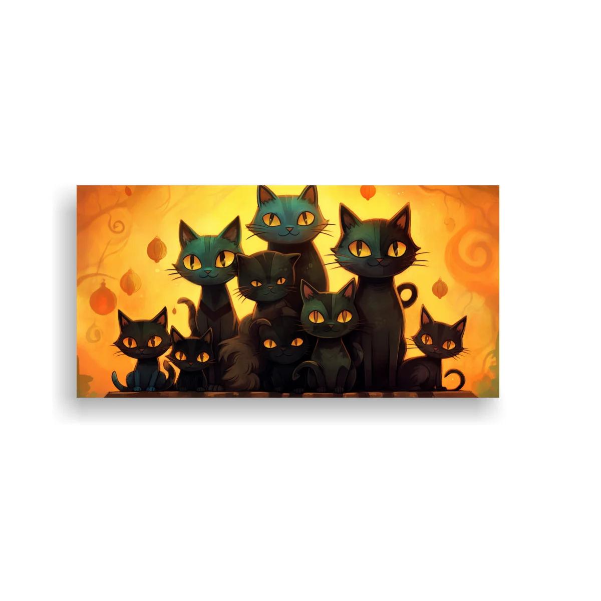 Cuadro grupo de gatos negros con ojos amarillos y hojas otoñales — imagen principal