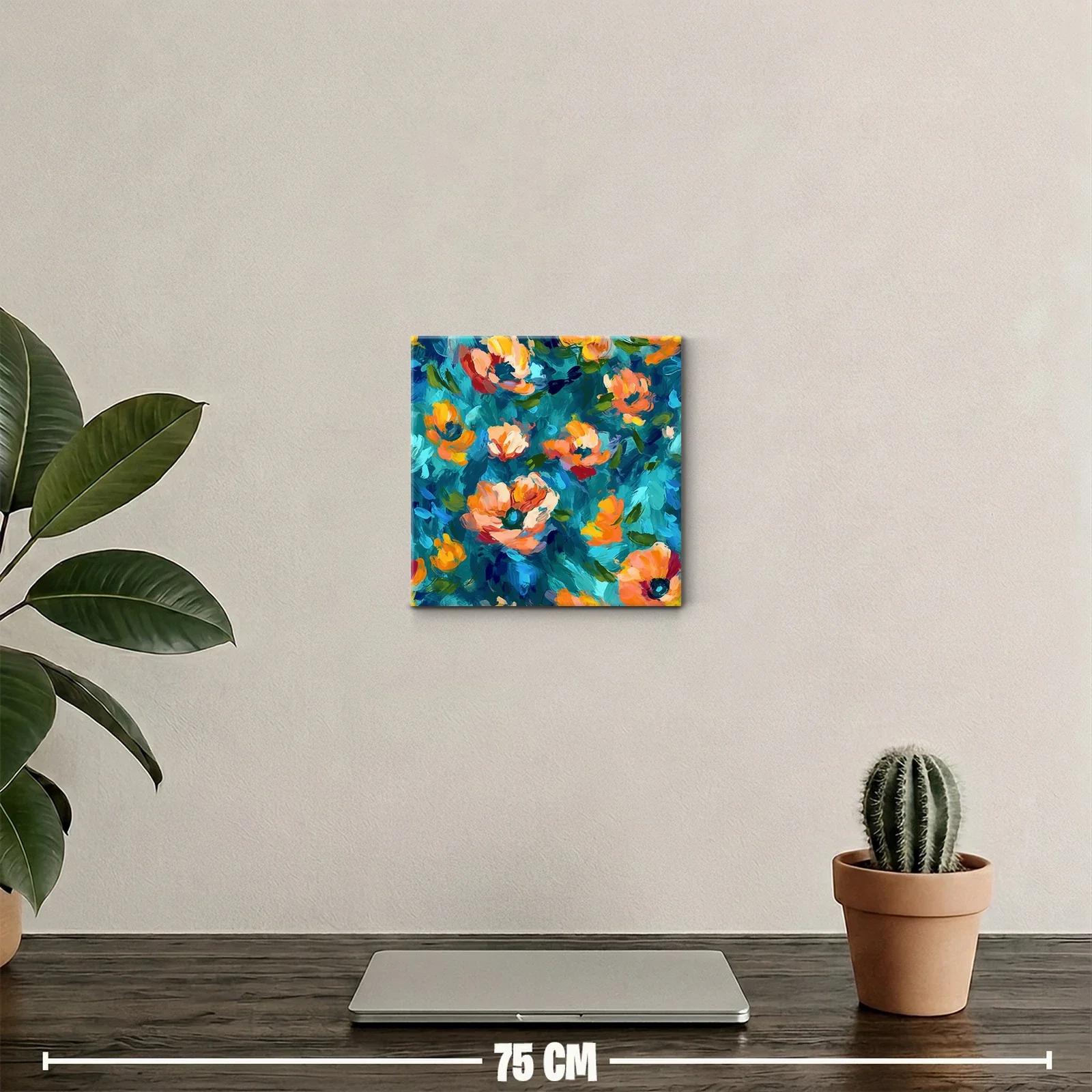 Cuadro con flores vibrantes en tonos azules y naranjas — miniatura 2