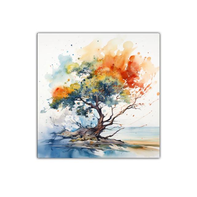 Árbol solitario con vibrantes tonos otoñales y azules suaves
