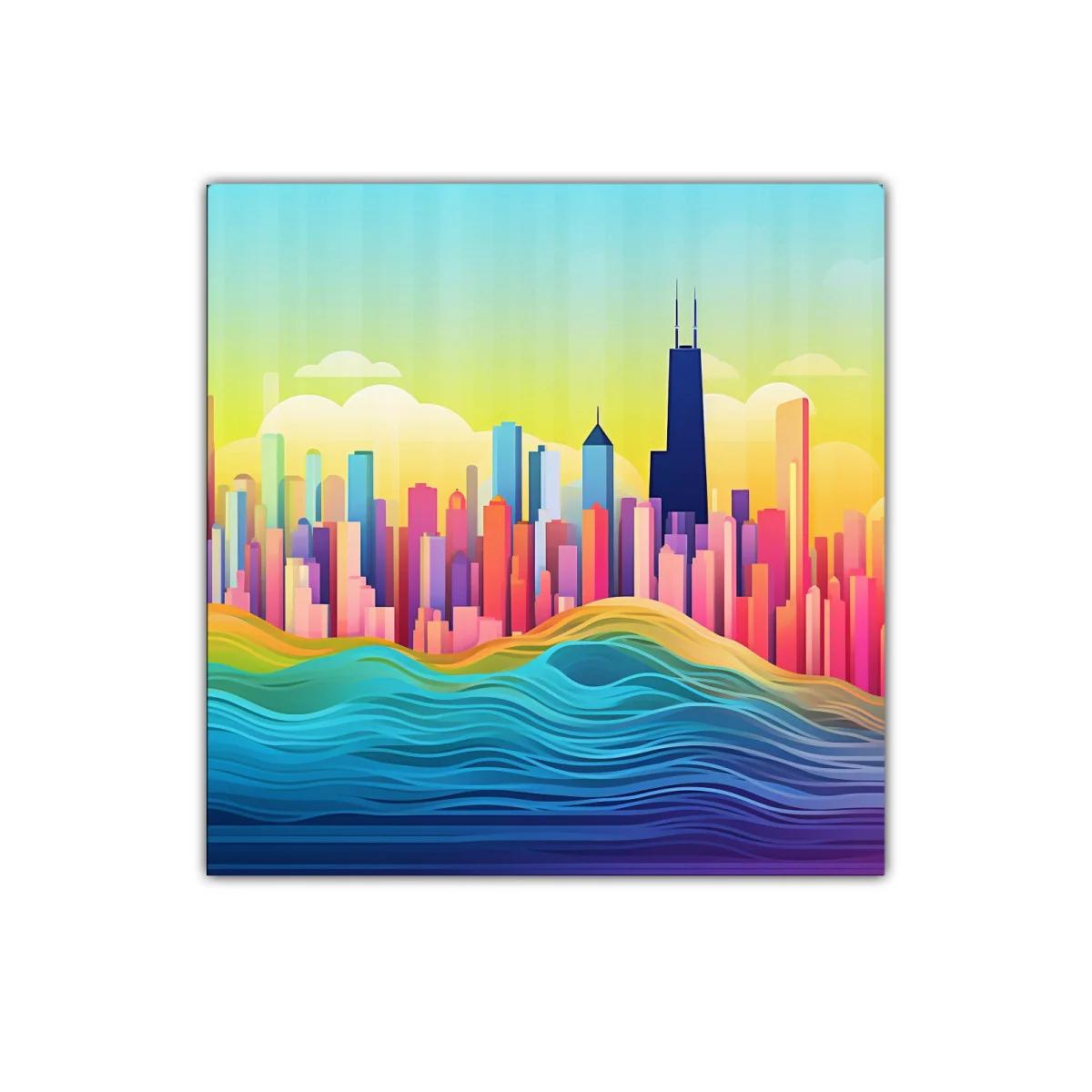 Colorido Skyline urbano con ondas vibrantes y cielo brillante — imagen principal