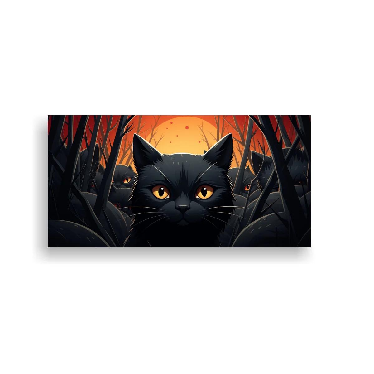 Cuadro gato negro de ojos ámbar entre ramas oscuras