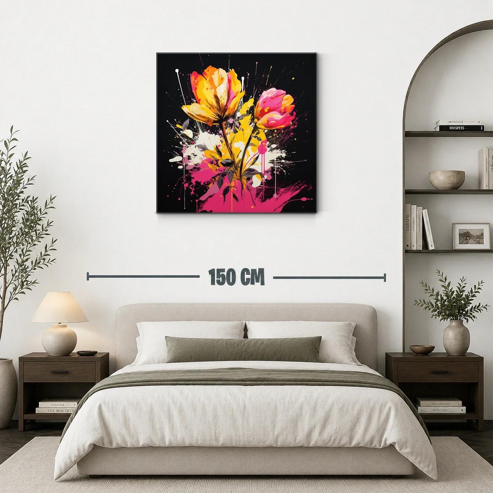 Cuadro floral vibrante con tonos rosas y amarillos intensos — miniatura 3