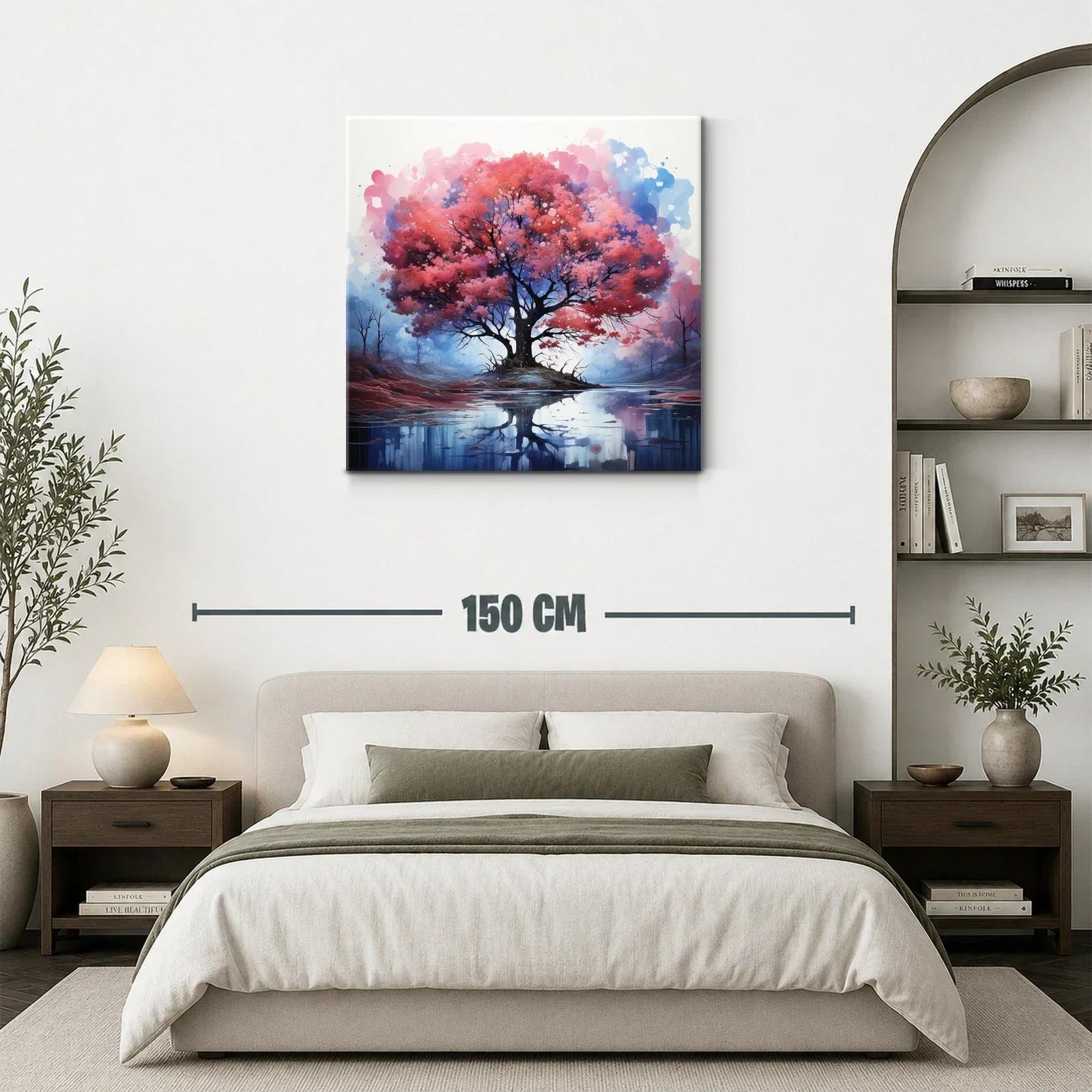 Árbol rojo reflejado en lago sereno con tonos azules — miniatura 3