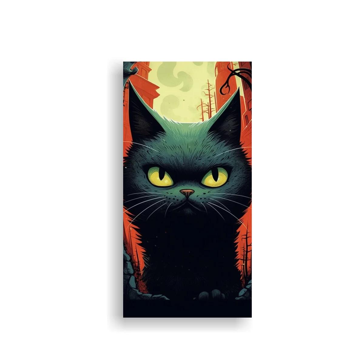 Cuadro gato negro de ojos amarillos con luna pálida