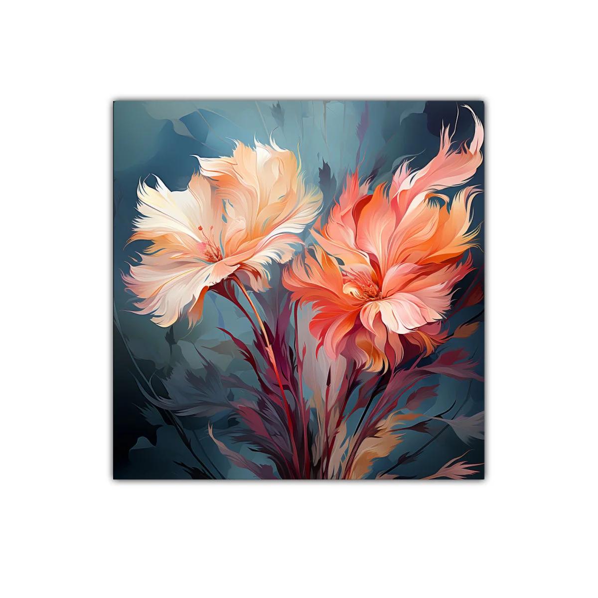 Cuadro floral con tonos cálidos y fondo azul profundo — imagen principal