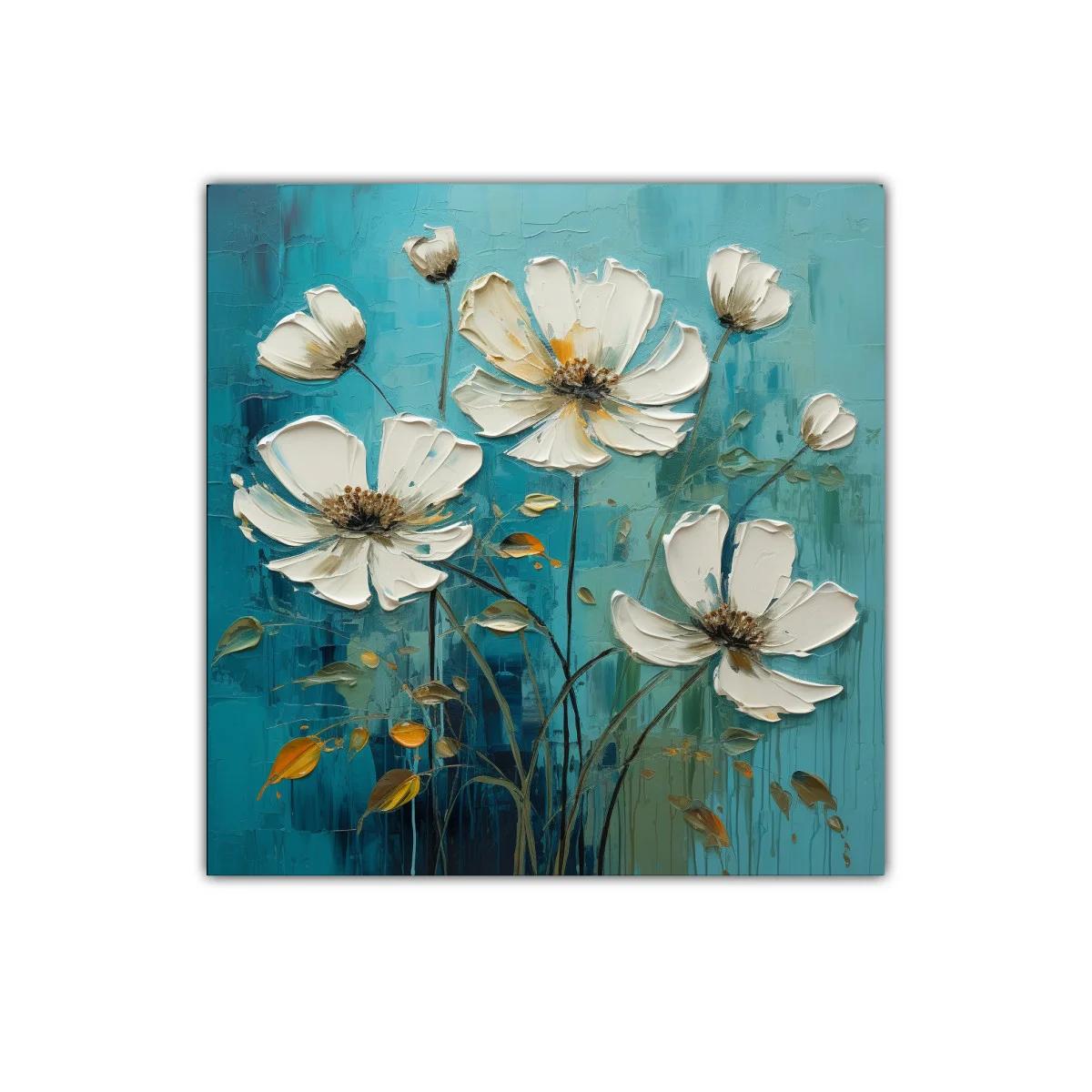 Cuadro decorativo con elegante ramo de flores blancas y fondo turquesa