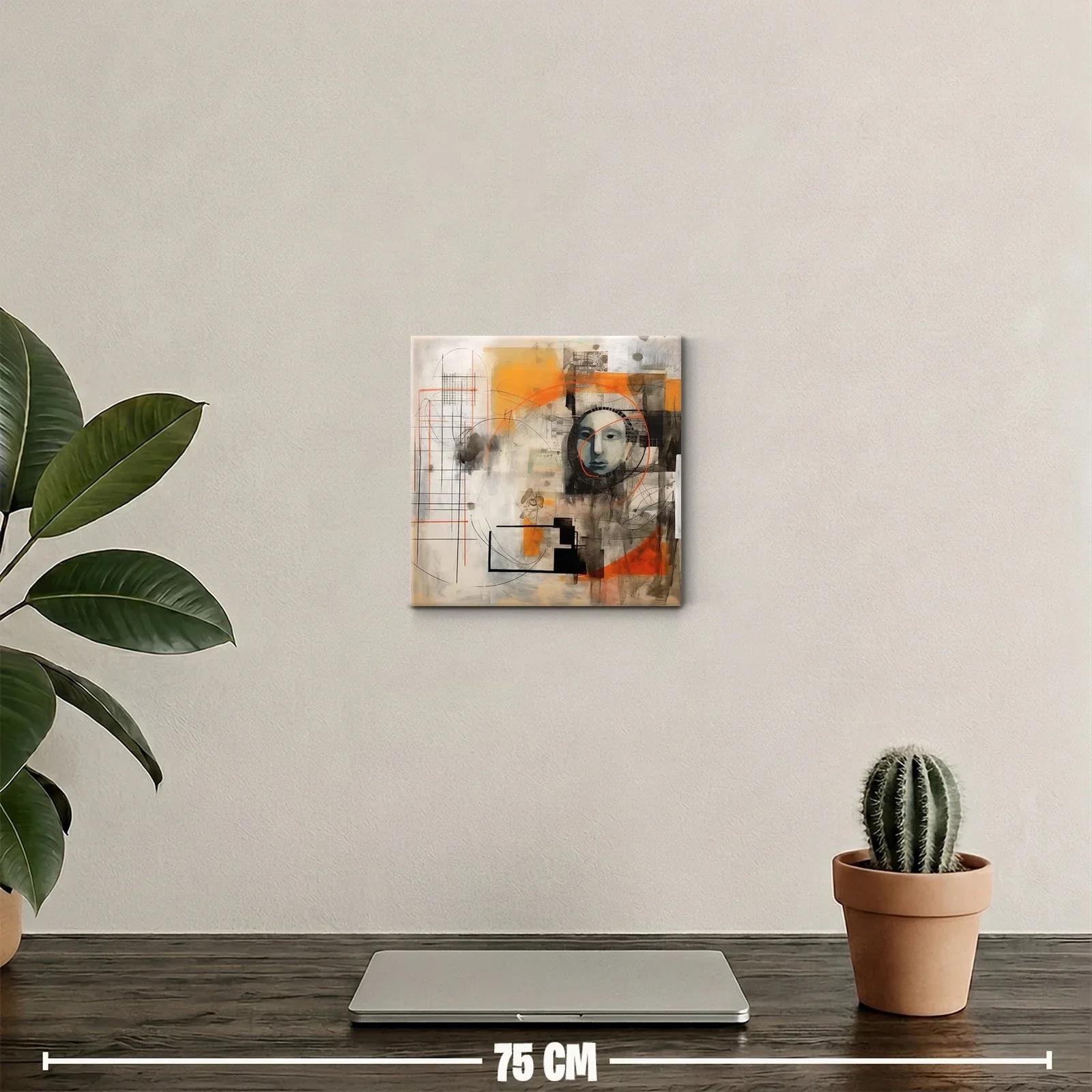 Cuadro abstracto con rostro y formas geométricas naranja y negro — miniatura 2