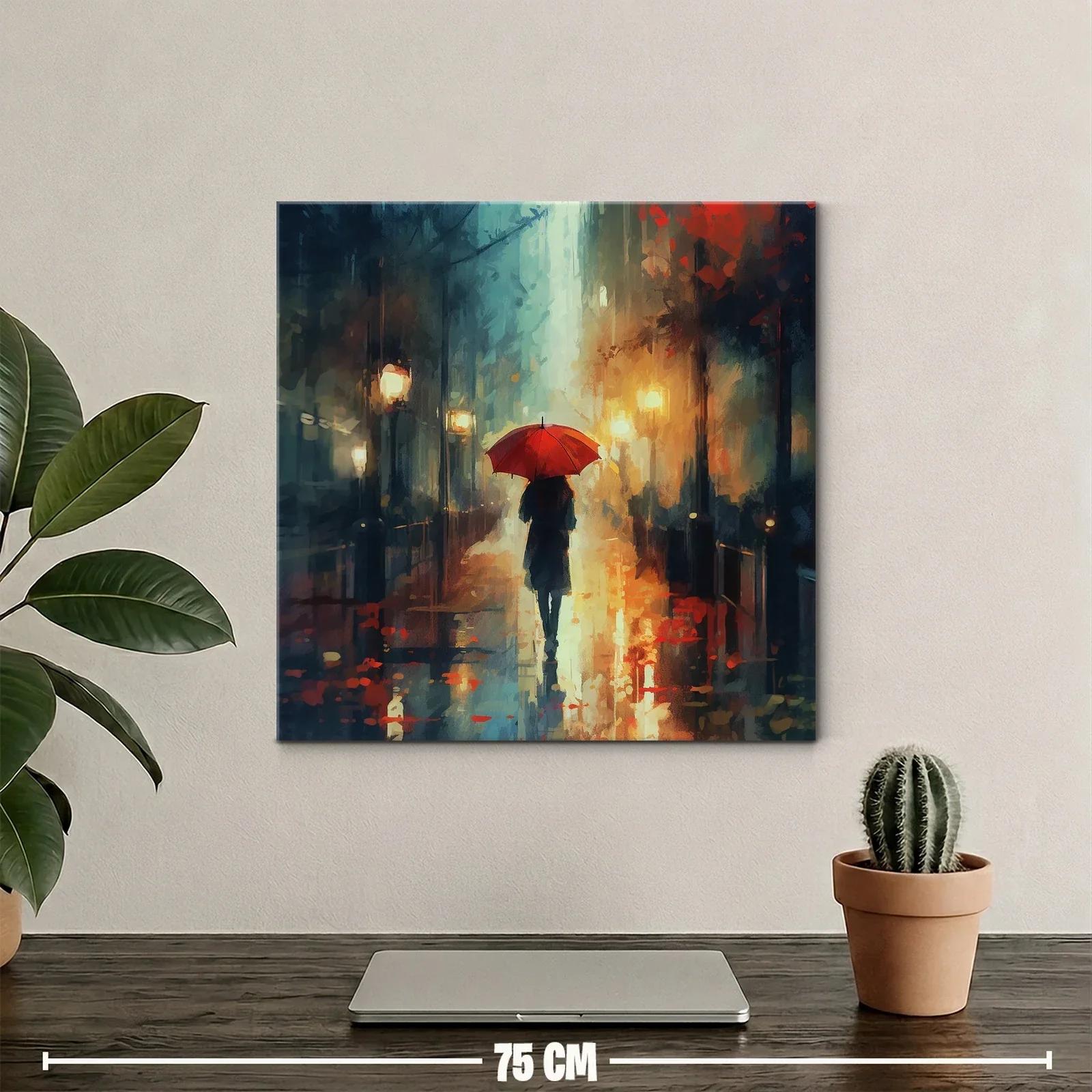 Figura bajo paraguas rojo en calle iluminada y lluviosa — miniatura 2