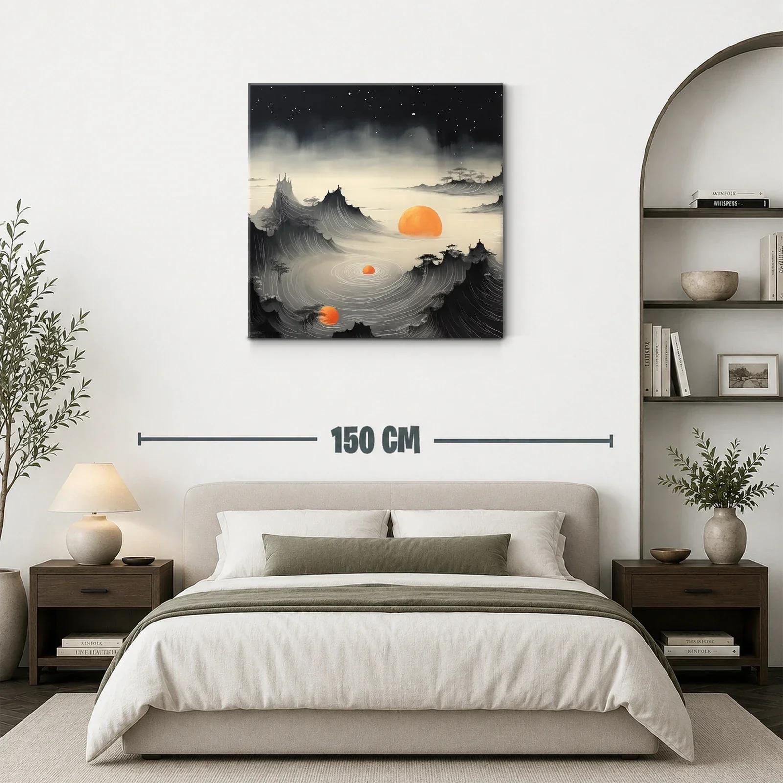 Paisaje onírico con montañas y soles naranjas brillantes — miniatura 3