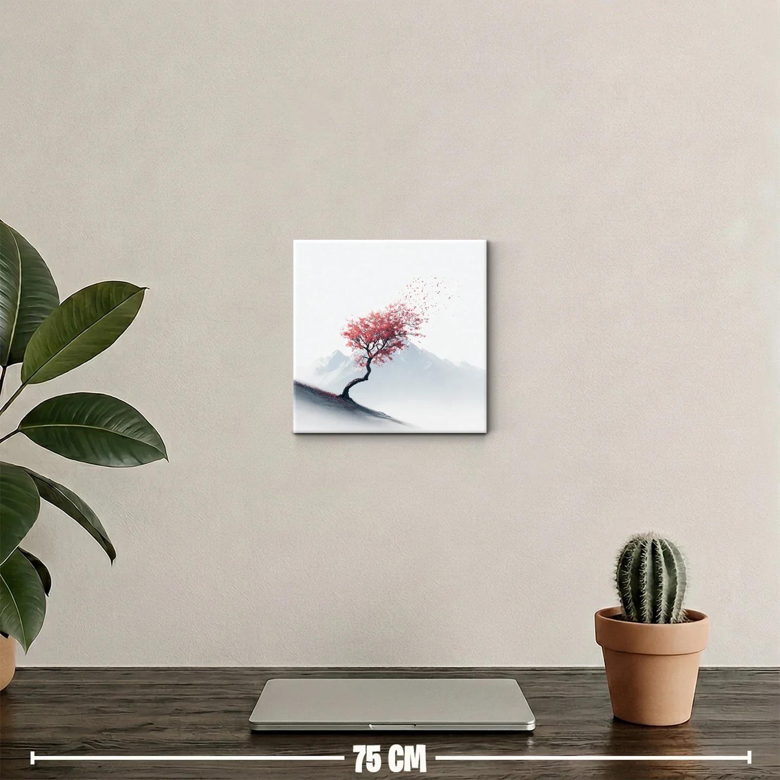 Árbol solitario con hojas rojas contra montañas — miniatura 2